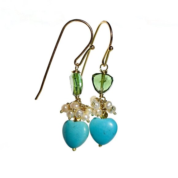 18K Solid Gold Turquoise, Green Tourmaline/Pearl Beaded Drop Dangle Earrings - Picture 3 of 6